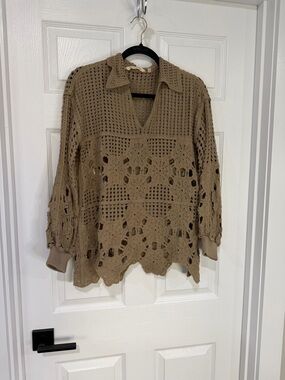Soft Surroundings Taupe Crochet Collared Pullover